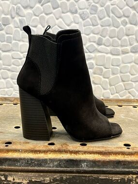 Qupid Black Peep-Toe Block Heel Ankle Booties